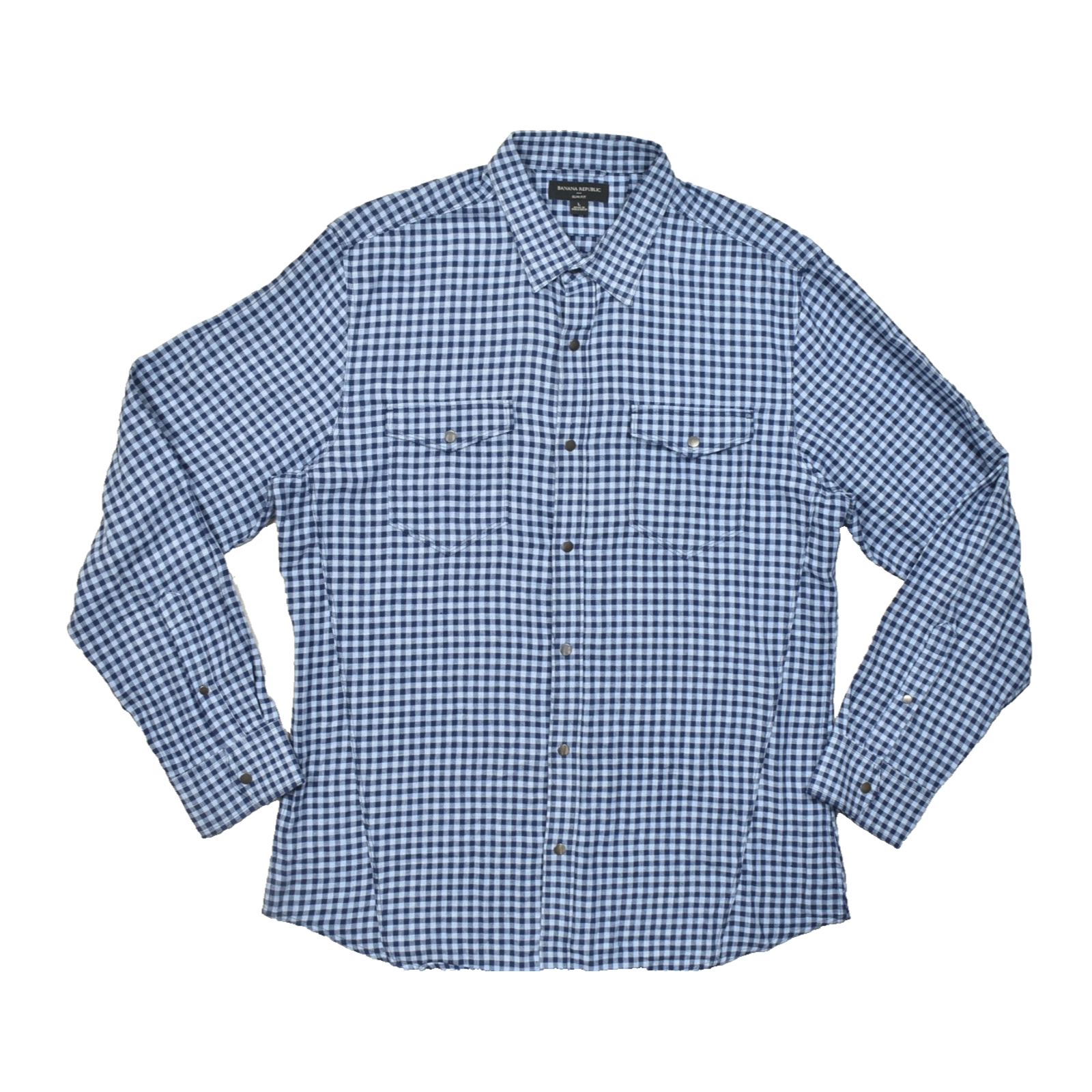Banana Republic Shirt Mens Large L Blue Gingham Plaid Slim Fit Long Sleeve Cotto